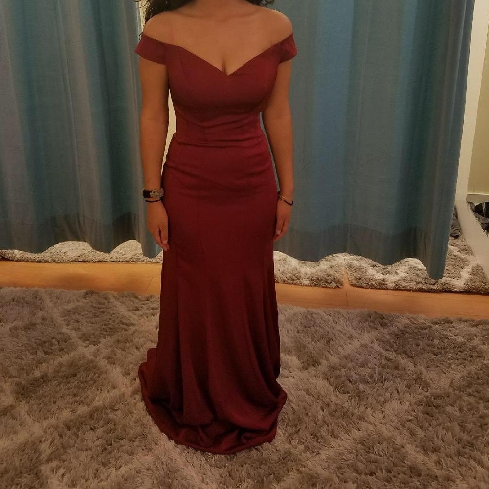 BURGUNDY OFF THE SHOULDER PROM DRESS